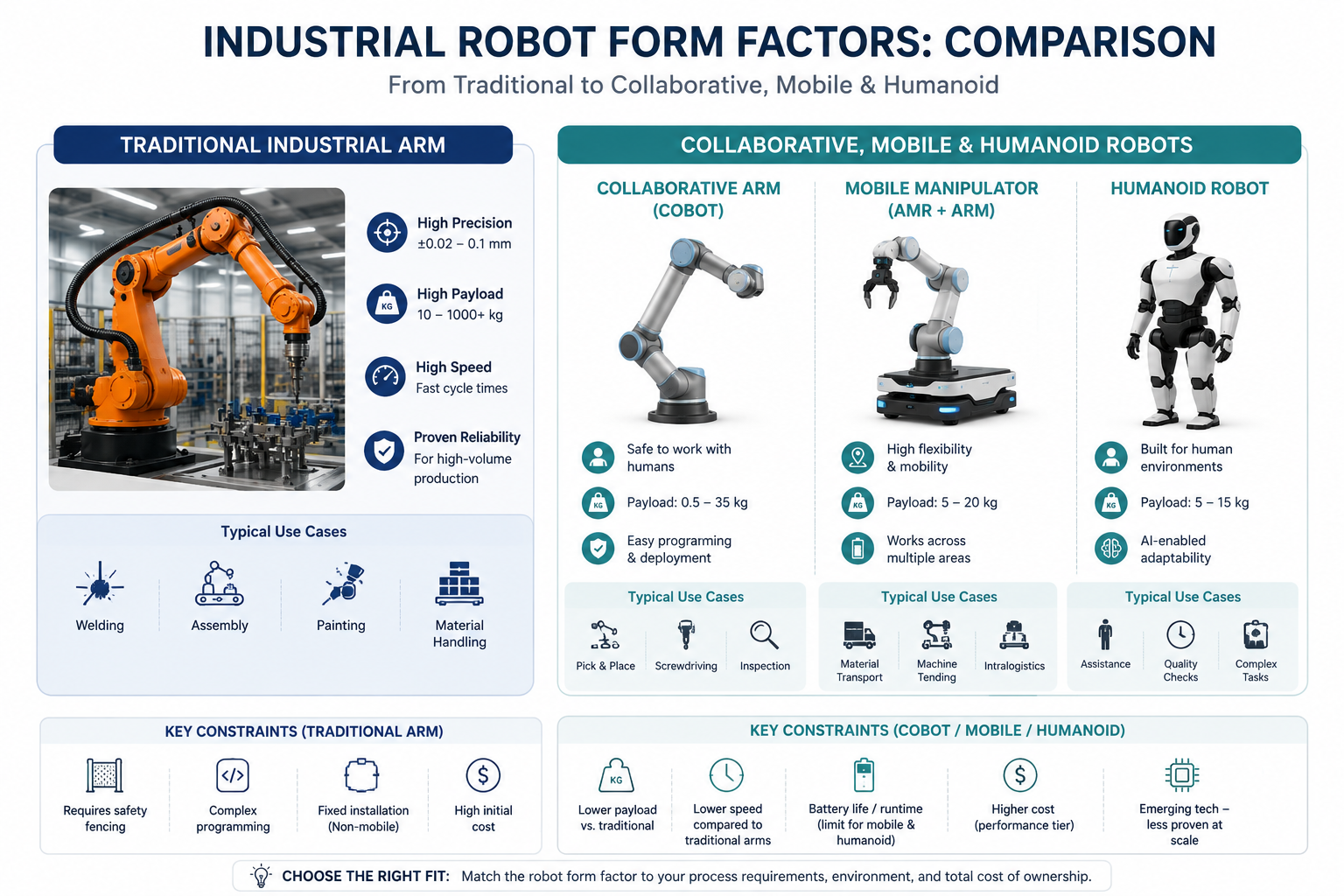 Comparison of industrial, collaborative, mobile, and humanoid robot form factors and limitations